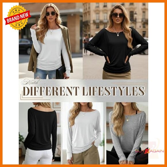 Long Sleeve Off Shoulder Tunic Top with Thumbholes, Loose Fit, 3-Pack - Picture 4 of 8